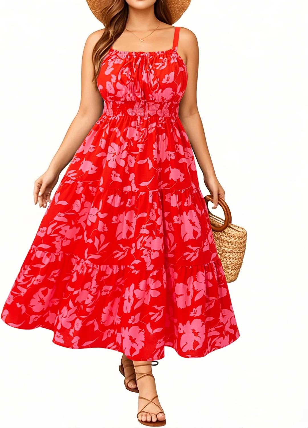 Talisea Plus Size Summer Dress – Boho Spaghetti Strap Maxi Dress Women | Casual boho long maxi sundress with pockets, adjustable spaghetti straps & flowy fit for summer beach vacation.(Red Floral)