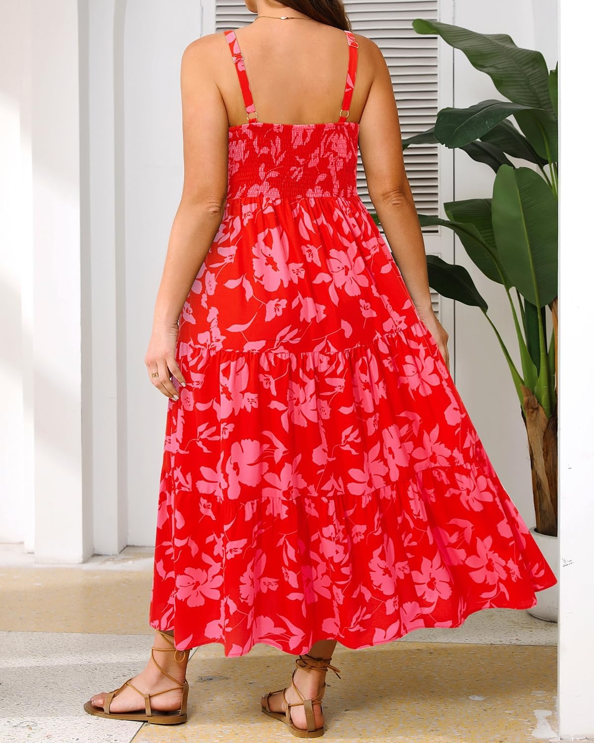 Talisea Plus Size Summer Dress – Boho Spaghetti Strap Maxi Dress Women | Casual boho long maxi sundress with pockets, adjustable spaghetti straps & flowy fit for summer beach vacation.(Red Floral)