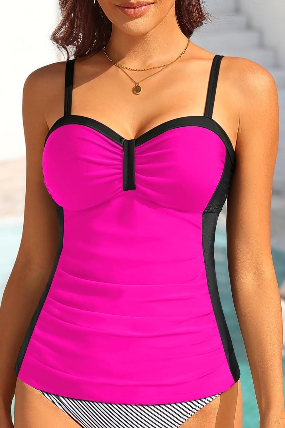 Talisea Women’s Underwire Tummy Control Swimsuit Top with Push Up – No Bottom Included(Pink and Black)