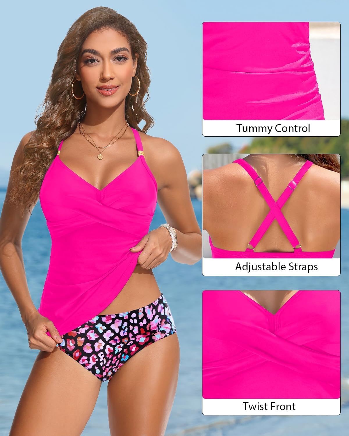 Women’s Tankini Swimsuits – Two Piece Swimsuit Tummy Control Bathing Suit 2025 Twist V Neck Swimwear(Hot Pink)