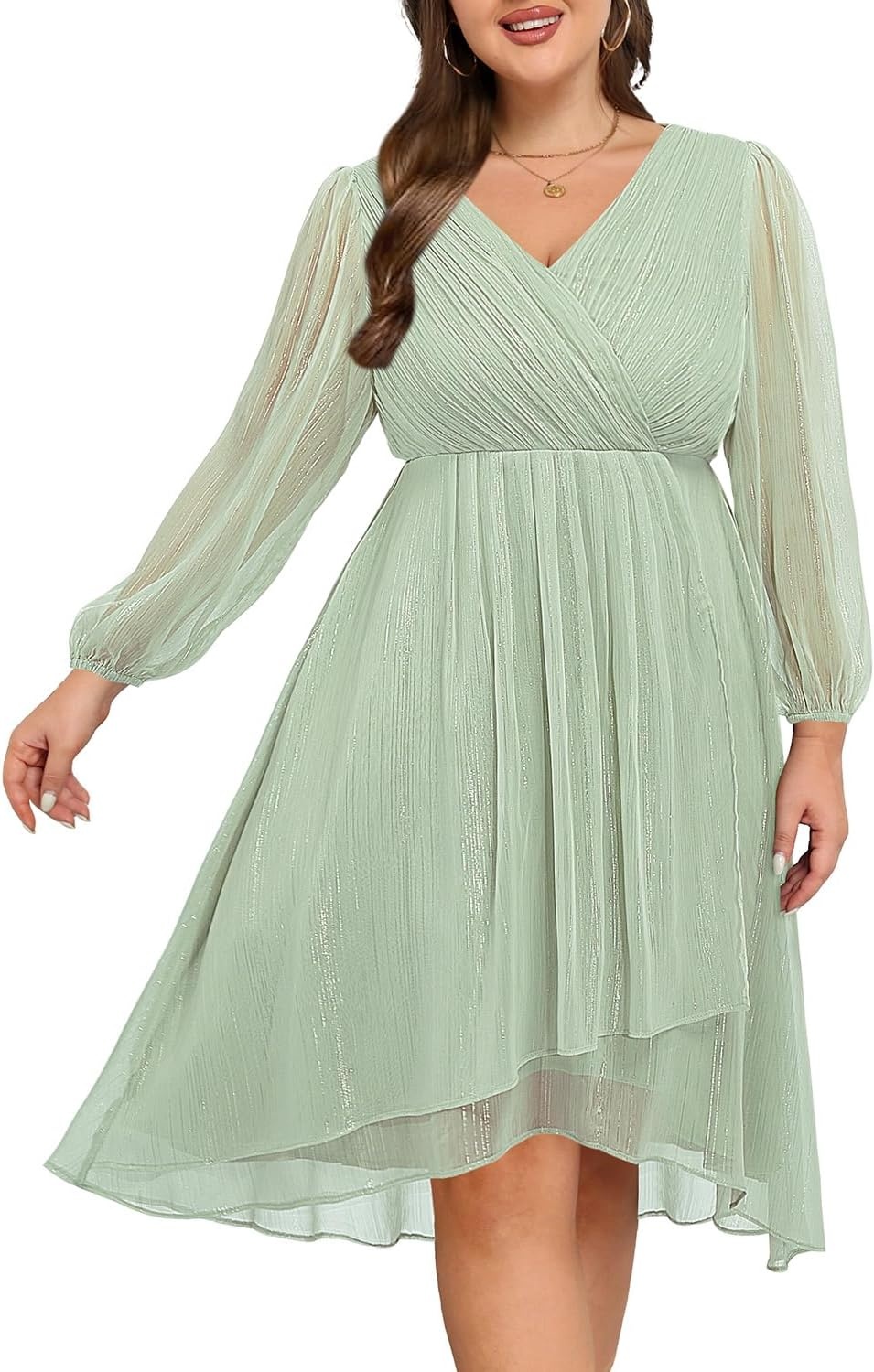 Plus Size Wedding Guest Dress – Formal Long Sleeve A Line V Neck Midi Dress | Formal fall wedding guest dress, cocktail sparkle dress, A-line pleated midi style with long sleeves & V-neck for women.(Sage Green)