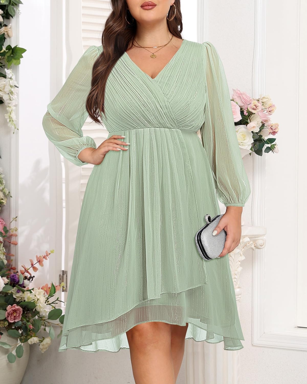 Plus Size Wedding Guest Dress – Formal Long Sleeve A Line V Neck Midi Dress | Formal fall wedding guest dress, cocktail sparkle dress, A-line pleated midi style with long sleeves & V-neck for women.(Sage Green)