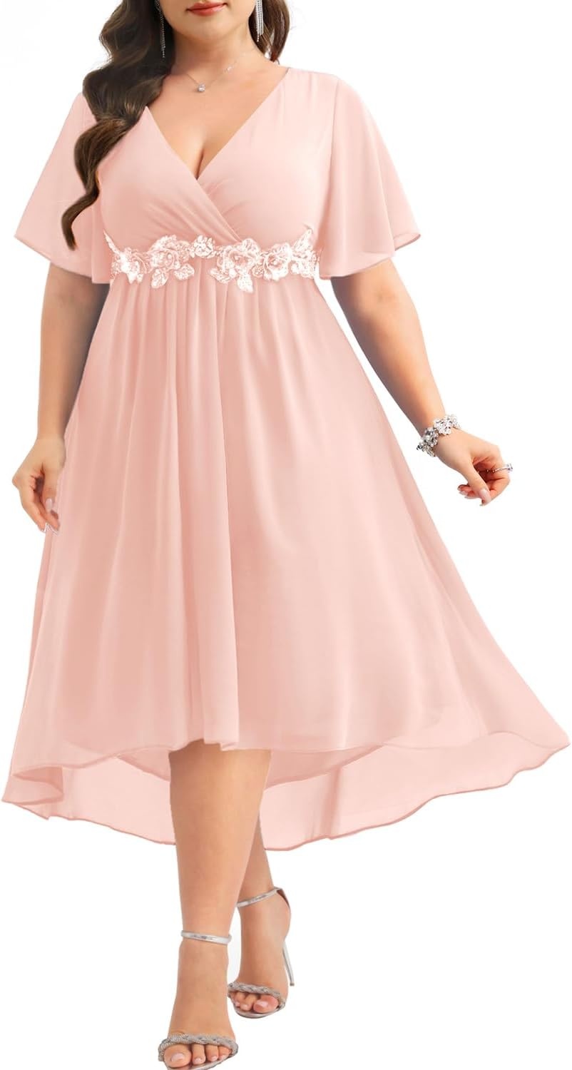 TALISEA Plus Size Dresses Wedding Guest – Formal Cocktail Chiffon Appliques V Neck Ruffle Short Sleeve High Low Dress Women(Pink)