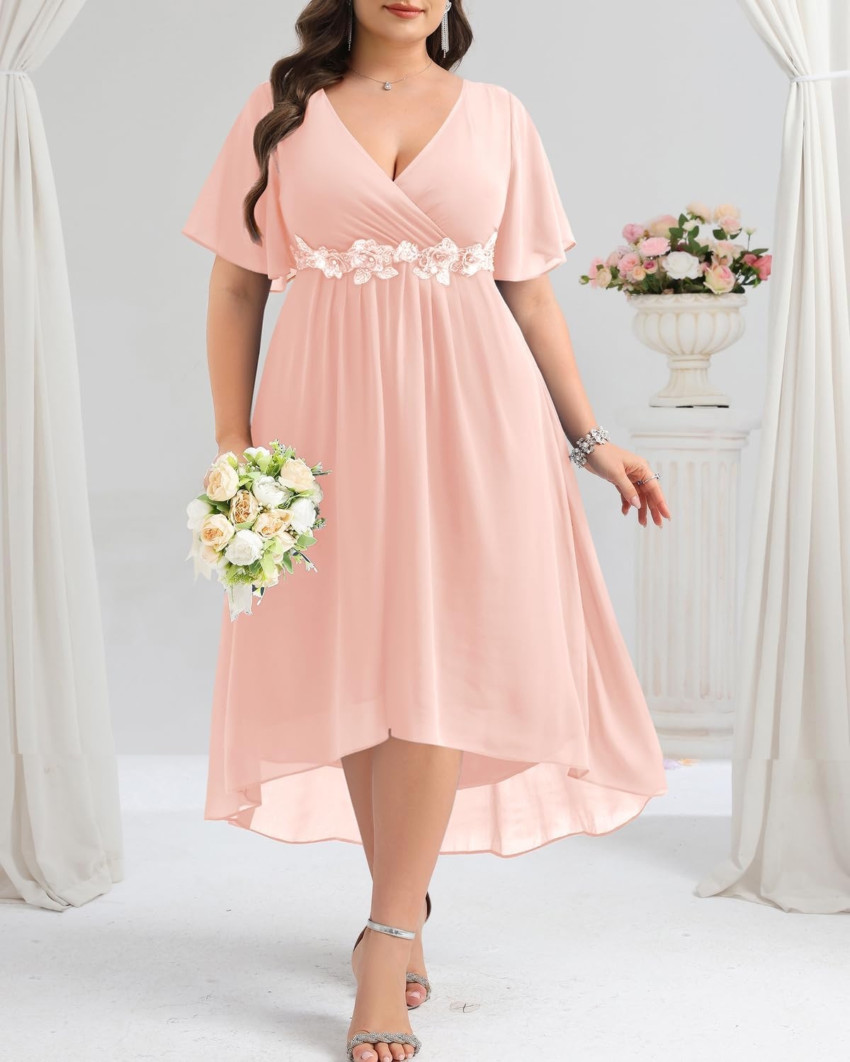 TALISEA Plus Size Dresses Wedding Guest – Formal Cocktail Chiffon Appliques V Neck Ruffle Short Sleeve High Low Dress Women(Pink)