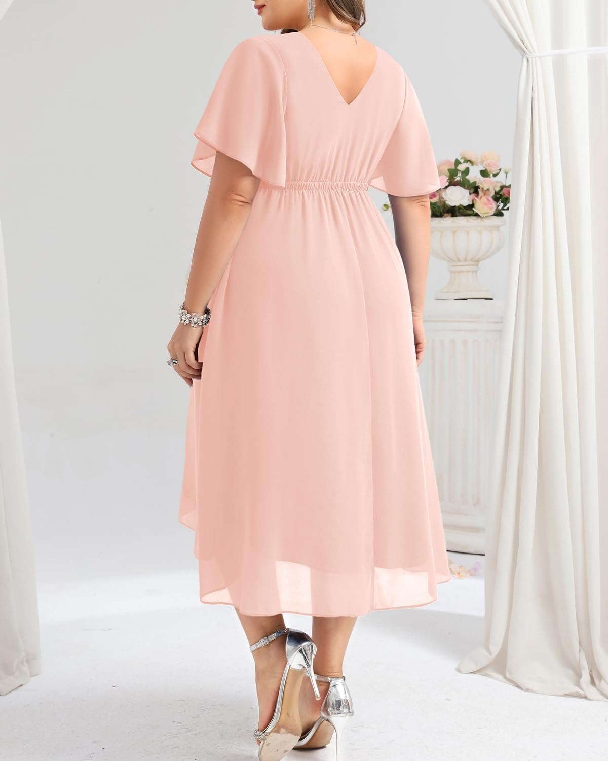 TALISEA Plus Size Dresses Wedding Guest – Formal Cocktail Chiffon Appliques V Neck Ruffle Short Sleeve High Low Dress Women(Pink)