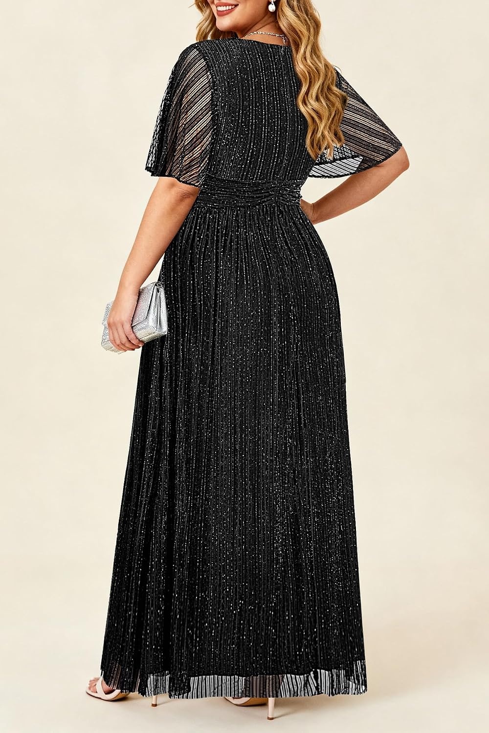 Talisea Plus Size Sequin Short Sleeve Formal Wedding Guest Maxi Dress(Black)