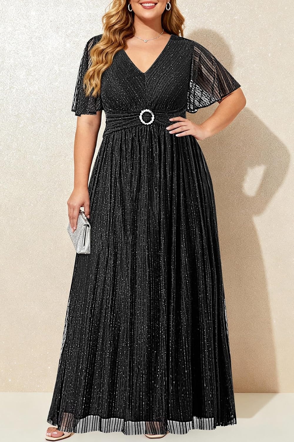 Talisea Plus Size Sequin Short Sleeve Formal Wedding Guest Maxi Dress(Black)