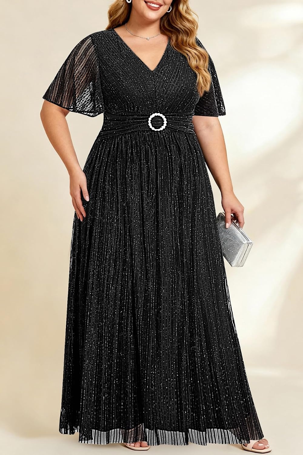 Talisea Plus Size Sequin Short Sleeve Formal Wedding Guest Maxi Dress(Black)