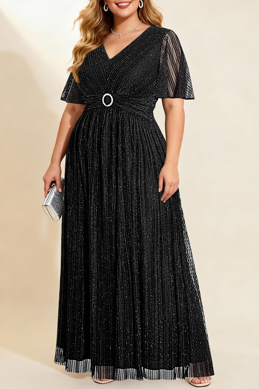 Talisea Plus Size Sequin Short Sleeve Formal Wedding Guest Maxi Dress(Black)