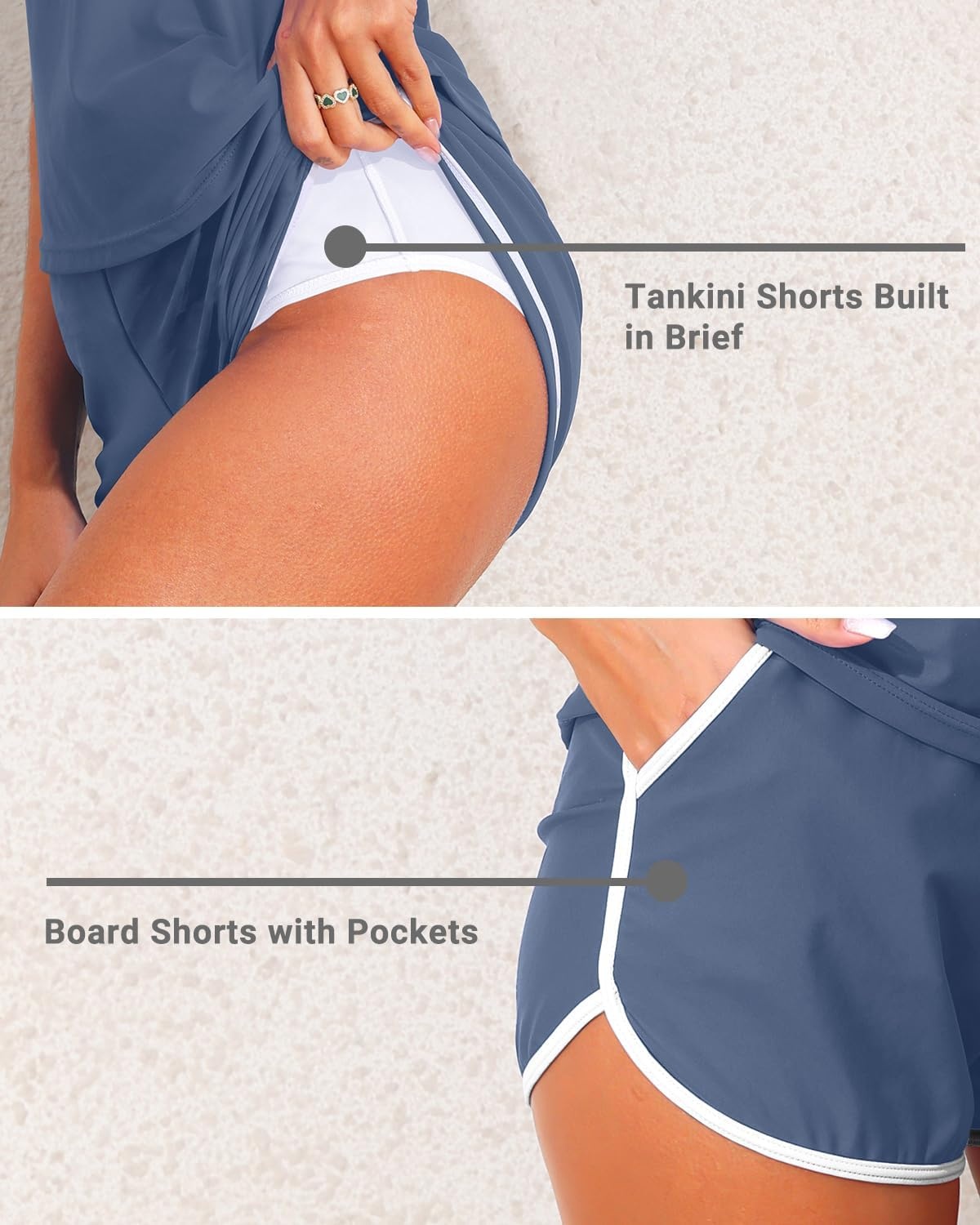 Talisea Women 2 Piece Tankini Swimsuit with Pockets Boy Shorts Modest Bathing Suit Tummy Control Tank Top(Gray Blue)