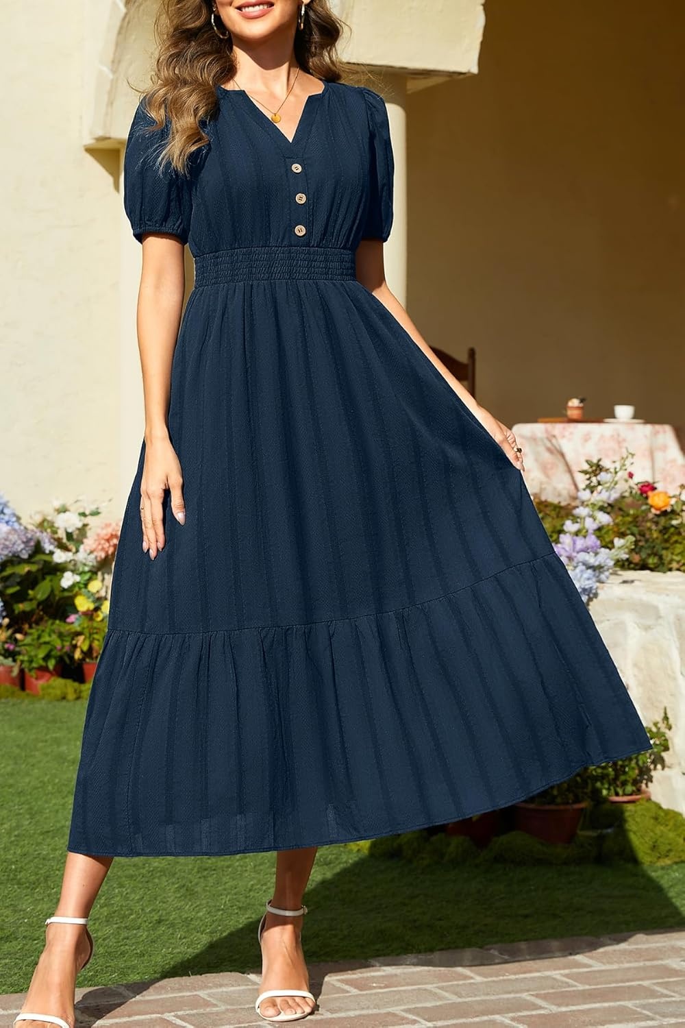 Talisea Womens Summer Maxi Dress – Puff Sleeve V Neck Smocked Tiered Boho Casual A-Line Wedding Guest Long Dress with Pockets(Navy (Solid))