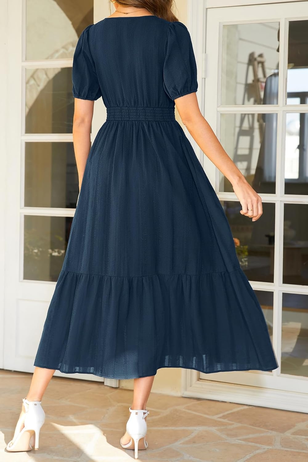 Talisea Womens Summer Maxi Dress – Puff Sleeve V Neck Smocked Tiered Boho Casual A-Line Wedding Guest Long Dress with Pockets(Navy (Solid))