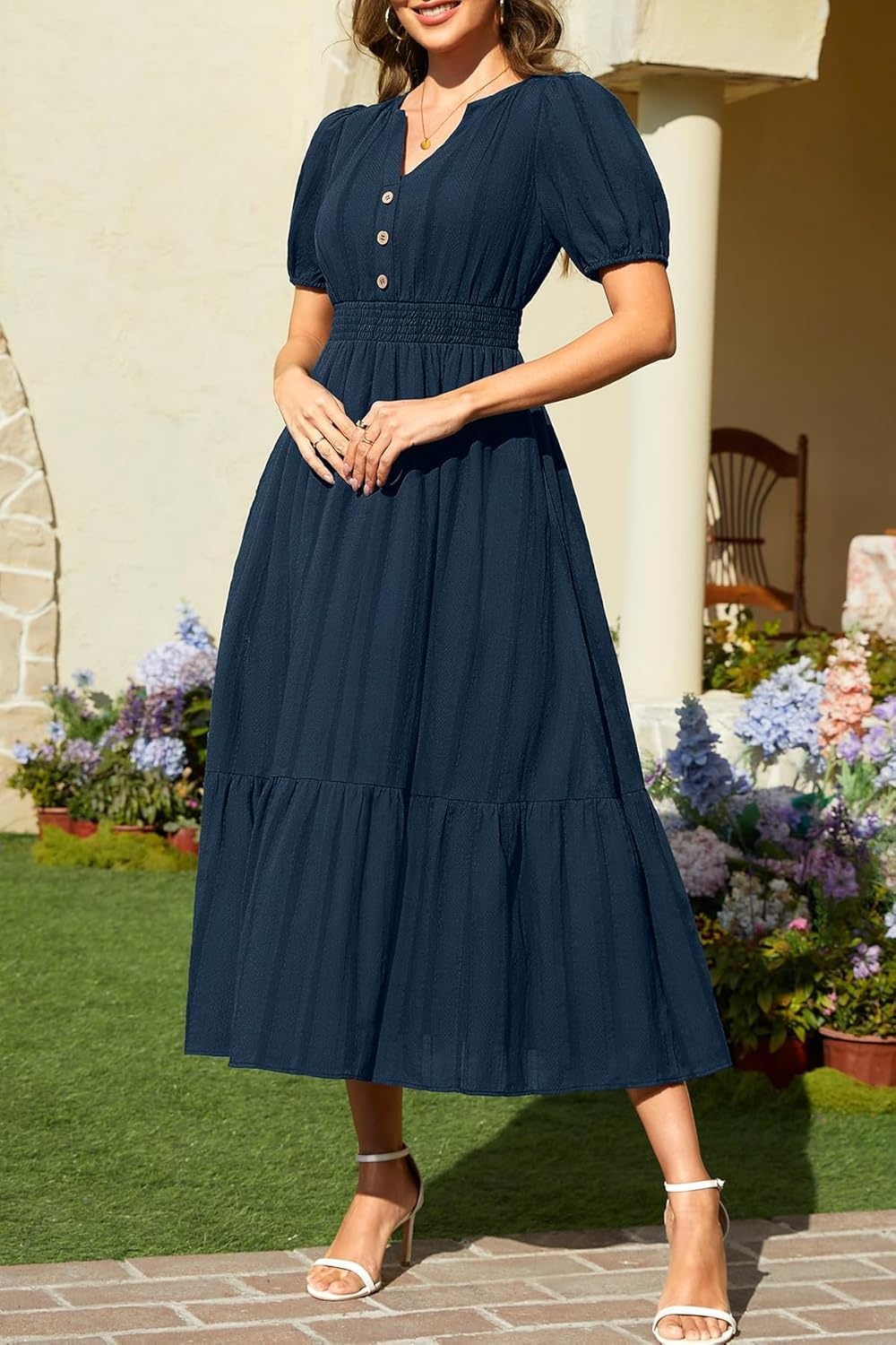 Talisea Womens Summer Maxi Dress – Puff Sleeve V Neck Smocked Tiered Boho Casual A-Line Wedding Guest Long Dress with Pockets(Navy (Solid))