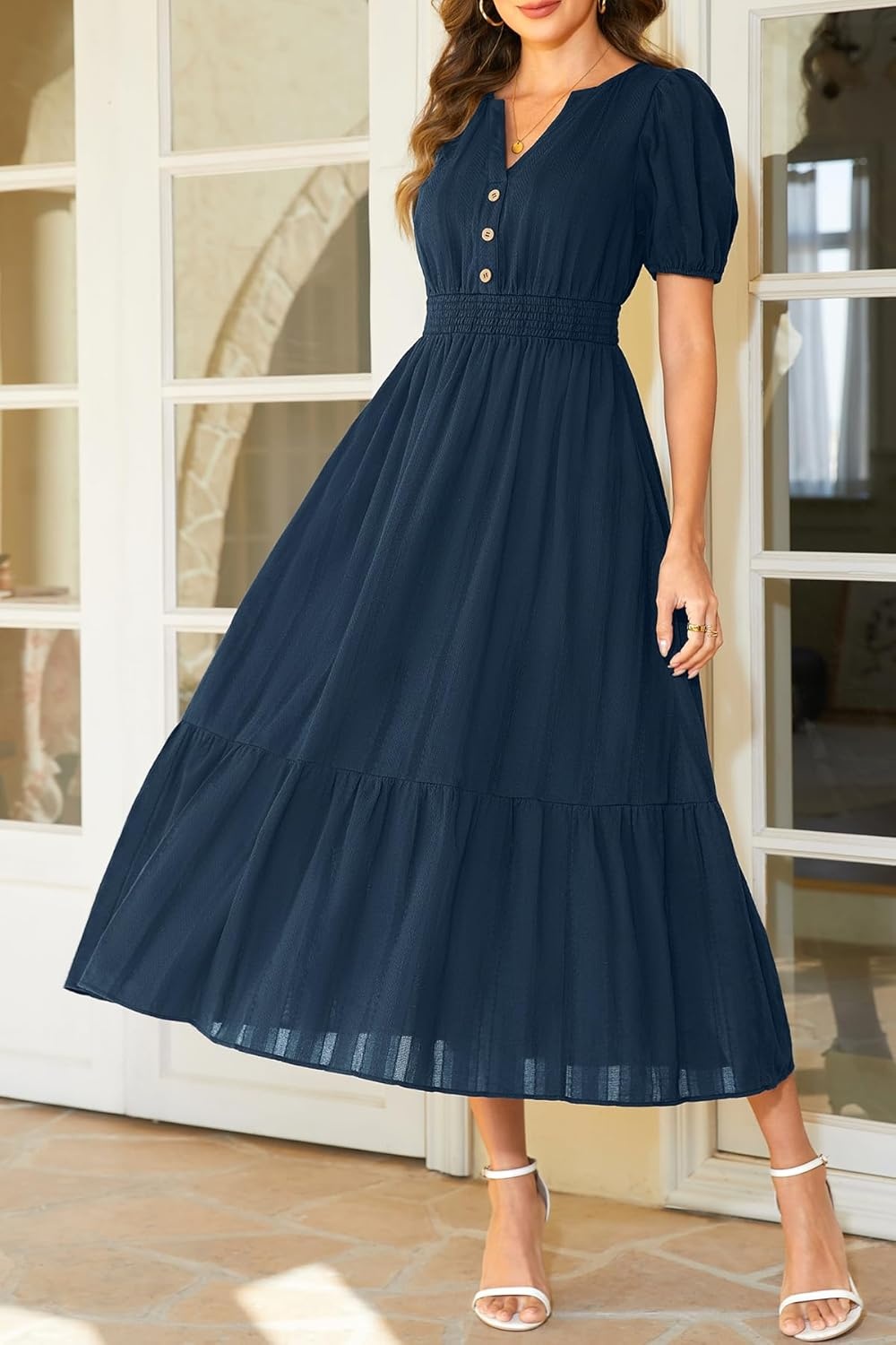 Talisea Womens Summer Maxi Dress – Puff Sleeve V Neck Smocked Tiered Boho Casual A-Line Wedding Guest Long Dress with Pockets(Navy (Solid))