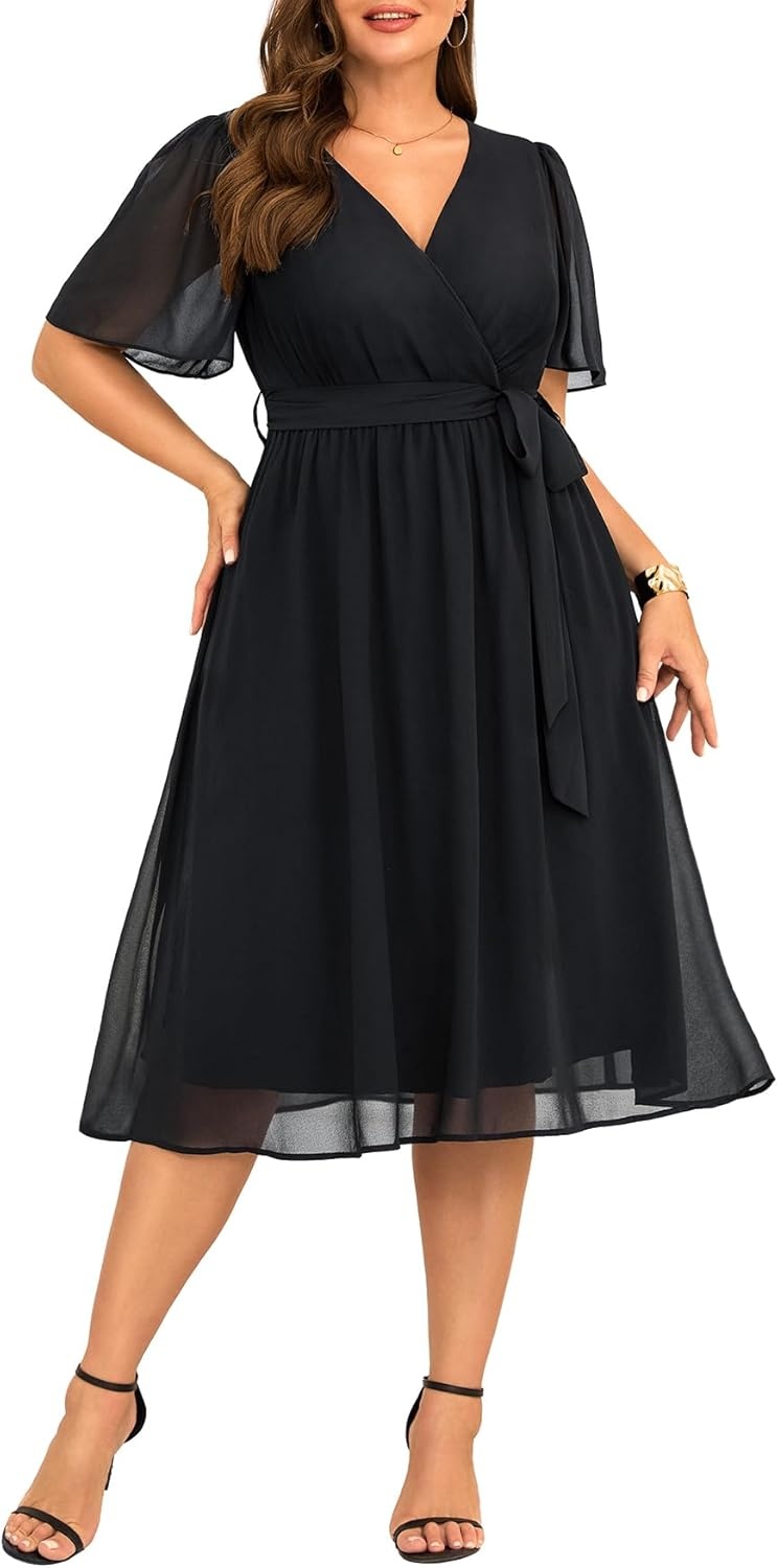 TALISEA Plus Size Dresses Wedding Guest – Formal Cocktail Chiffon Appliques V Neck Ruffle Short Sleeve High Low Dress Women(Black-straight Hem)