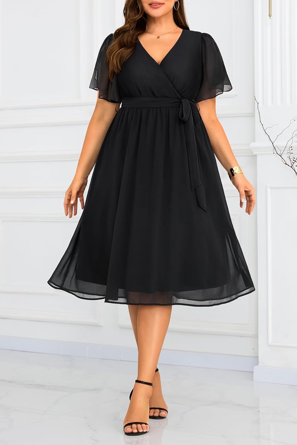 TALISEA Plus Size Dresses Wedding Guest – Formal Cocktail Chiffon Appliques V Neck Ruffle Short Sleeve High Low Dress Women(Black-straight Hem)