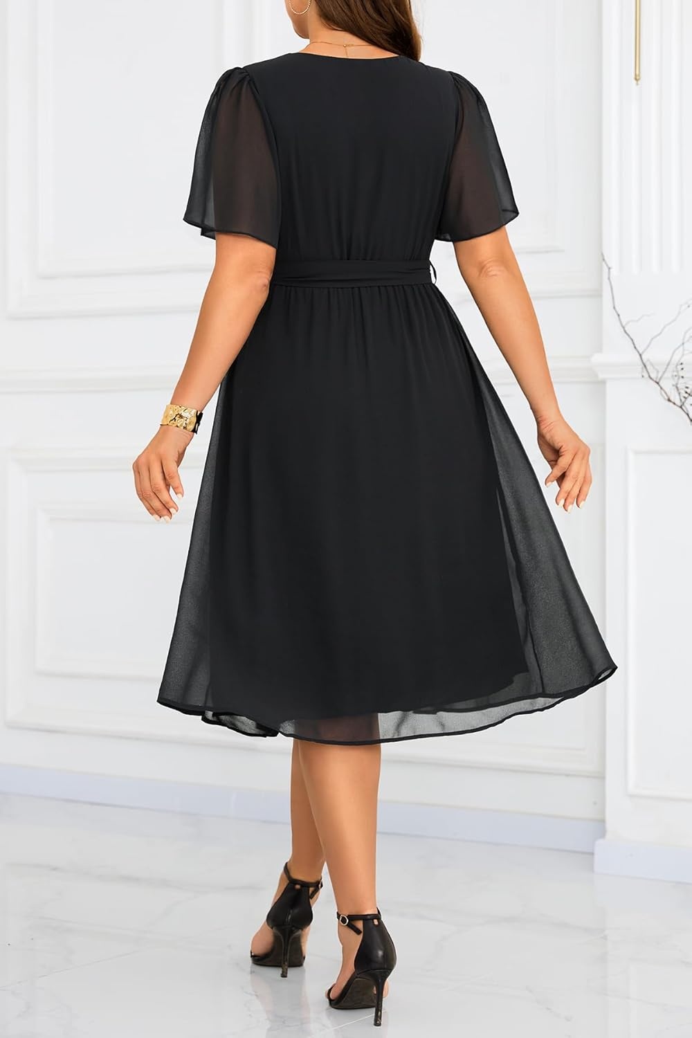 TALISEA Plus Size Dresses Wedding Guest – Formal Cocktail Chiffon Appliques V Neck Ruffle Short Sleeve High Low Dress Women(Black-straight Hem)