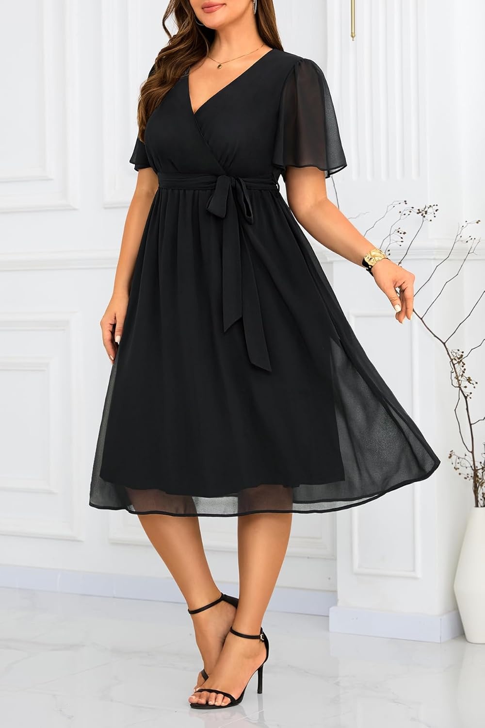 TALISEA Plus Size Dresses Wedding Guest – Formal Cocktail Chiffon Appliques V Neck Ruffle Short Sleeve High Low Dress Women(Black-straight Hem)