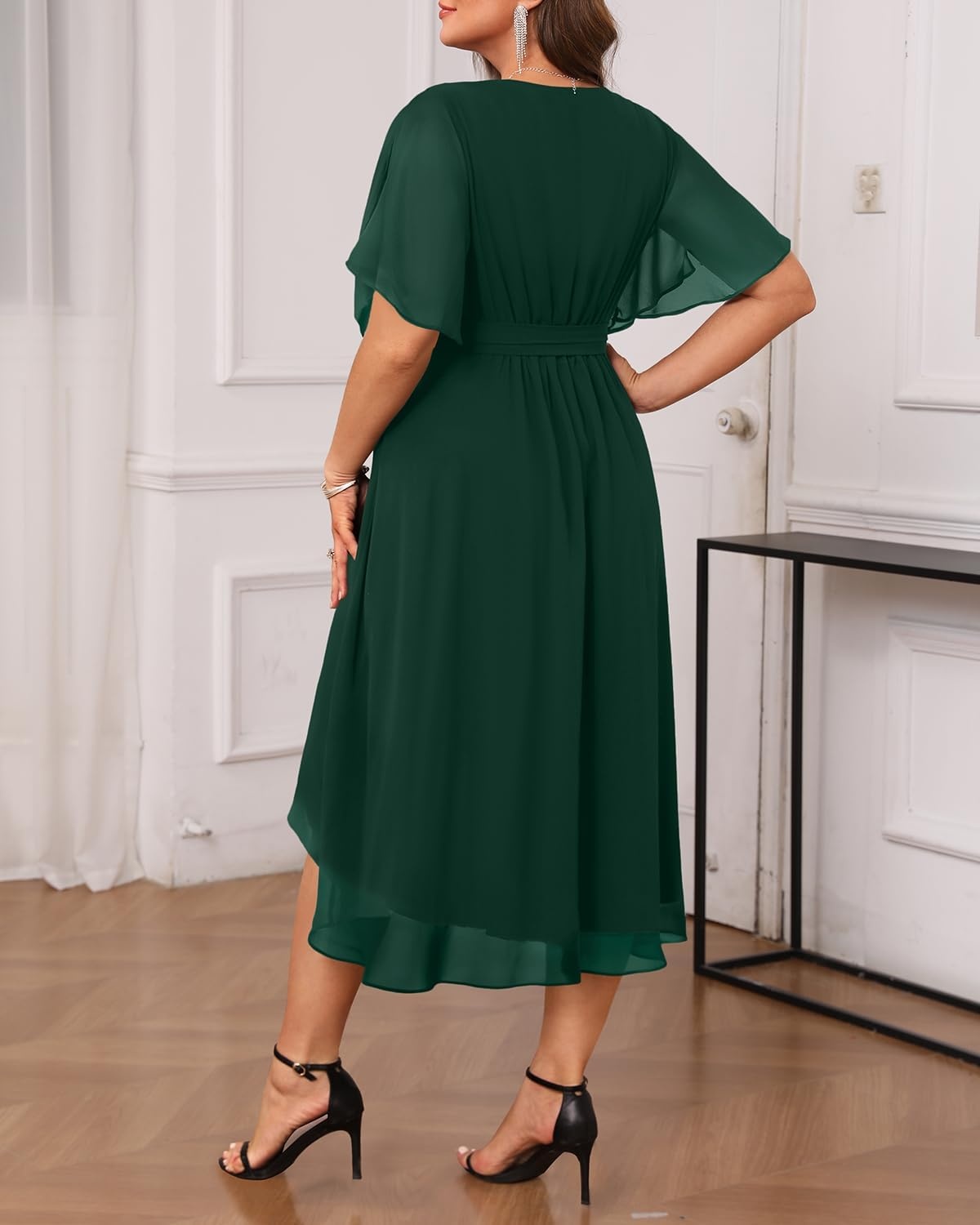 Plus Size Dresses Wedding Guest Formal Chiffon Short Sleeve High Low Dress(Dark Green)