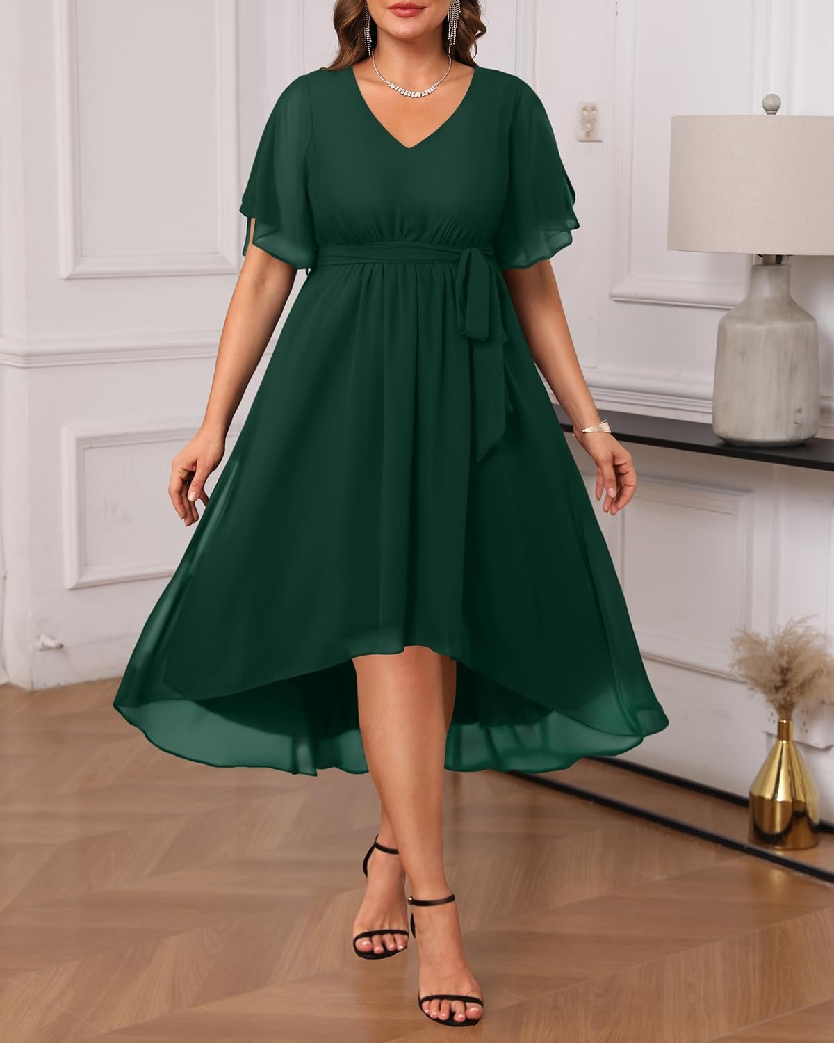 Plus Size Dresses Wedding Guest Formal Chiffon Short Sleeve High Low Dress(Dark Green)