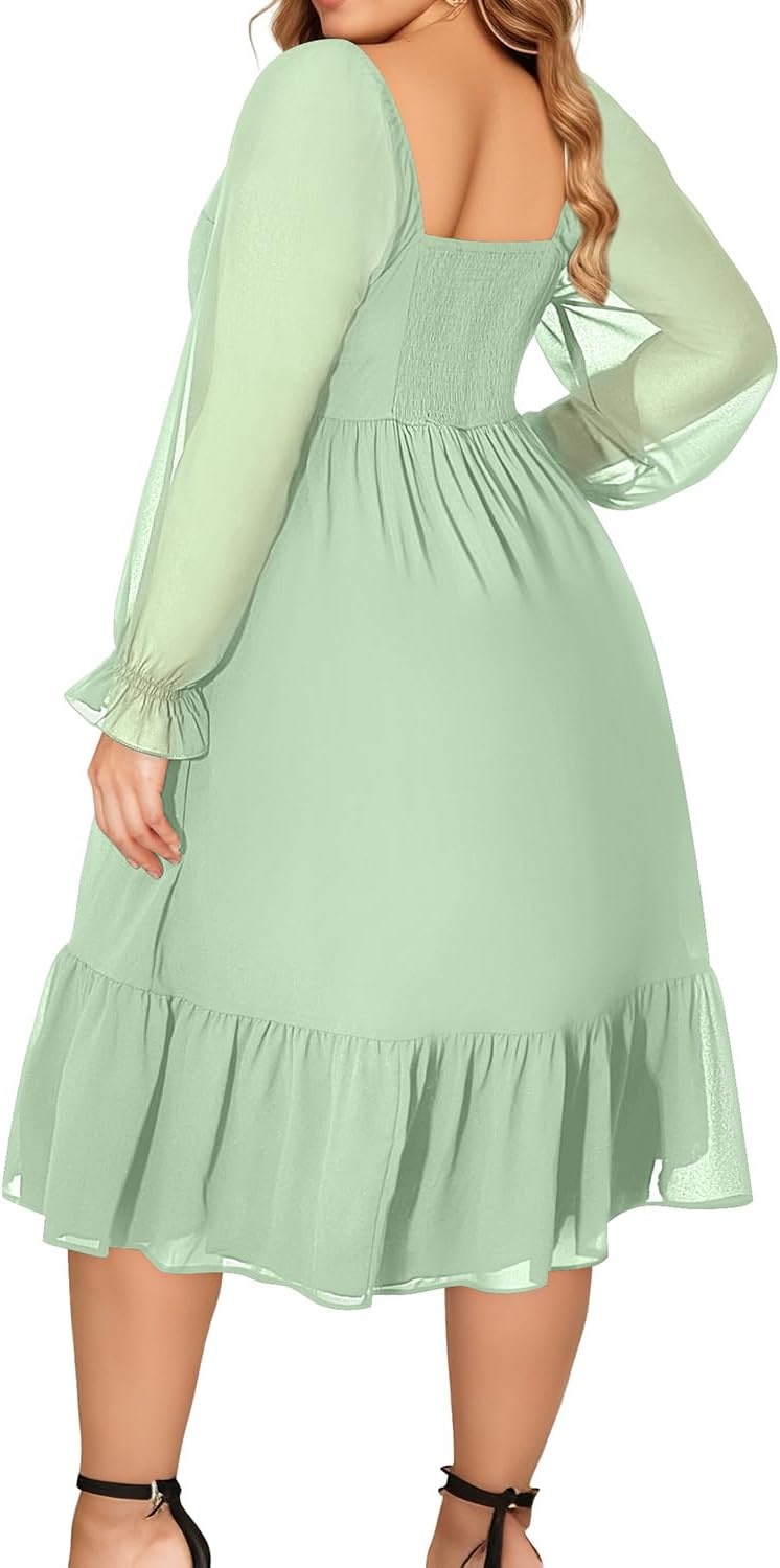 Talisea Plus Size Dresses Sweetheart Neckline Long Sleeves Chiffon Party Cocktail A Line Curvy Womens Midi Dress(Sage Green)