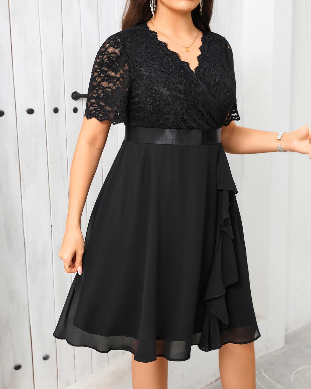Talisea Plus Size Wedding Guest Dress – Formal Cocktail Party Ruffle Elegant Tea Length Lace Chiffon V Neck Midi Dresses(Black)