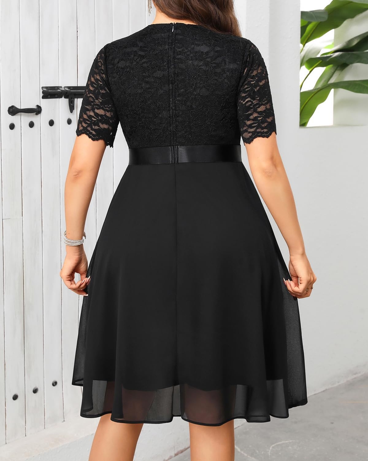 Talisea Plus Size Wedding Guest Dress – Formal Cocktail Party Ruffle Elegant Tea Length Lace Chiffon V Neck Midi Dresses(Black)