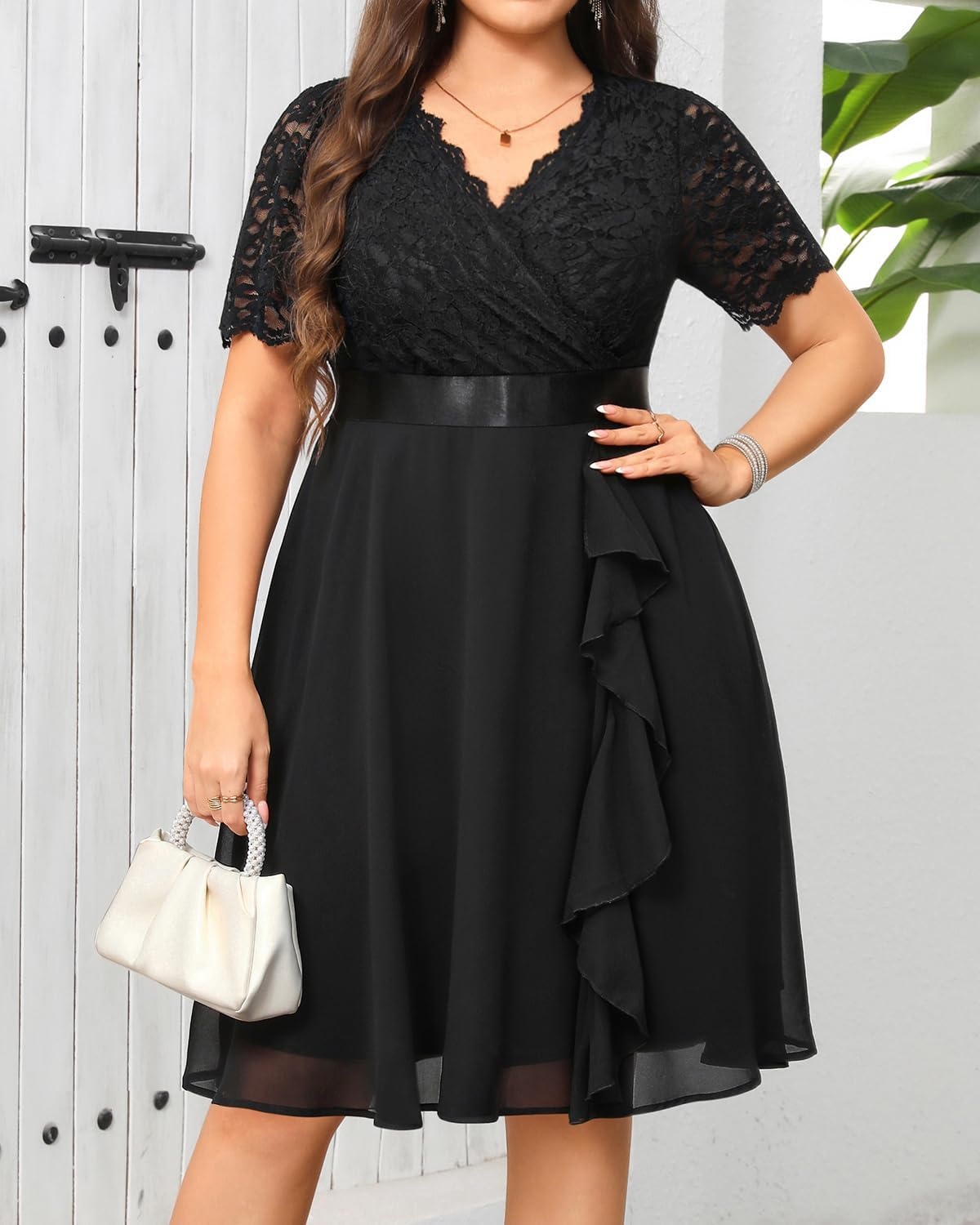 Talisea Plus Size Wedding Guest Dress – Formal Cocktail Party Ruffle Elegant Tea Length Lace Chiffon V Neck Midi Dresses(Black)