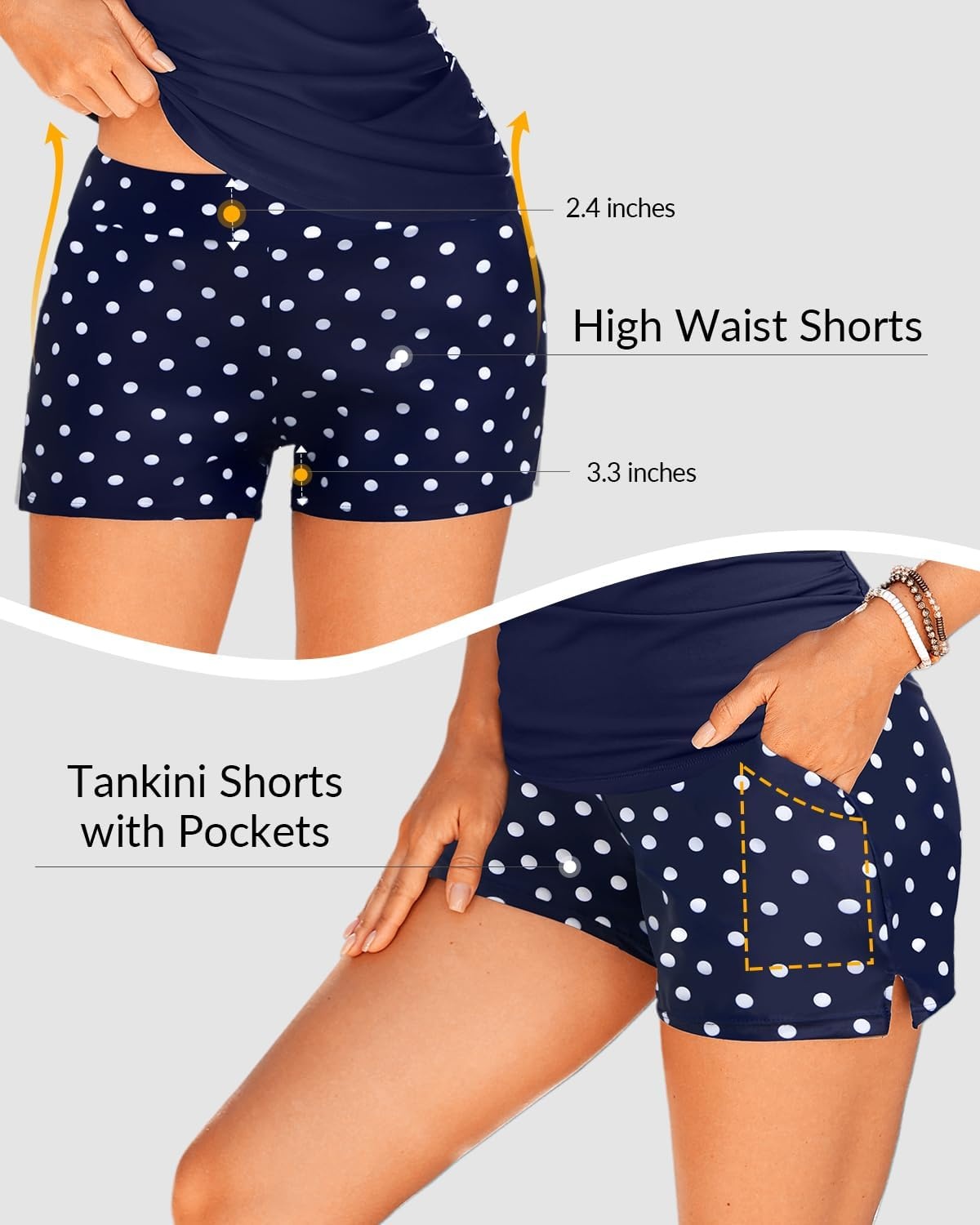Talisea Tankini with Shorts – Tummy Control Two Piece Swimsuit with Pockets | Tummy control smooths your silhouette. Side pockets keep essentials handy. High-waist boy shorts provide full coverage.(Blue Dot)