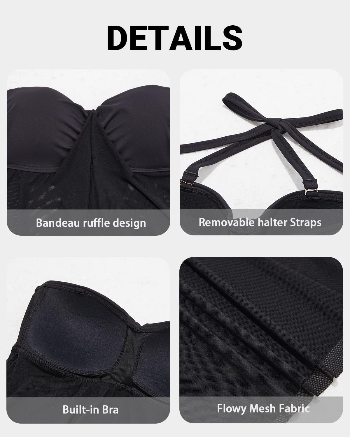 Talisea Women Bandeau Tankini Top Only Mesh Strapless Swimsuits Top Halter Flyaway Bathing Suits No Bottom(Solid Black)