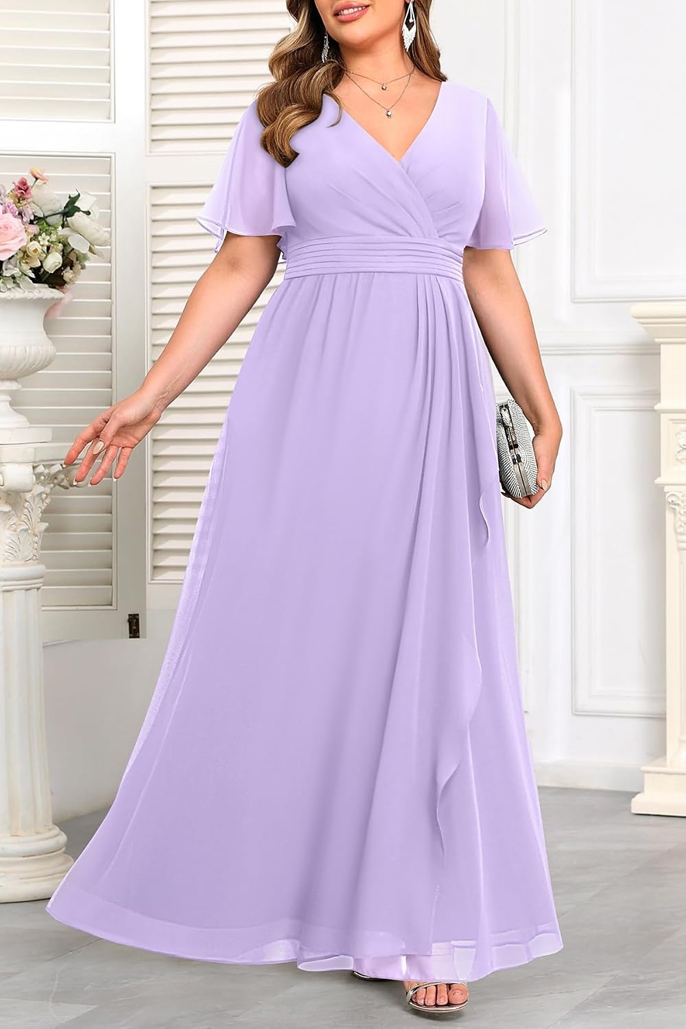 Plus Size Formal Dress Wedding Guest Chiffon V Neck Ruffle Long Dress Women(Light Lavender)