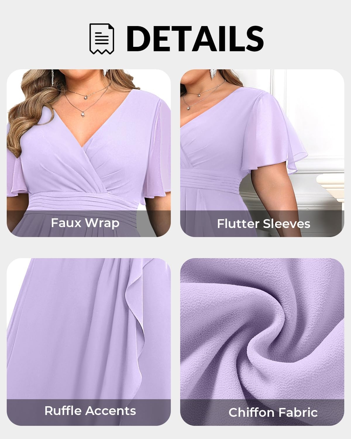 Plus Size Formal Dress Wedding Guest Chiffon V Neck Ruffle Long Dress Women(Light Lavender)