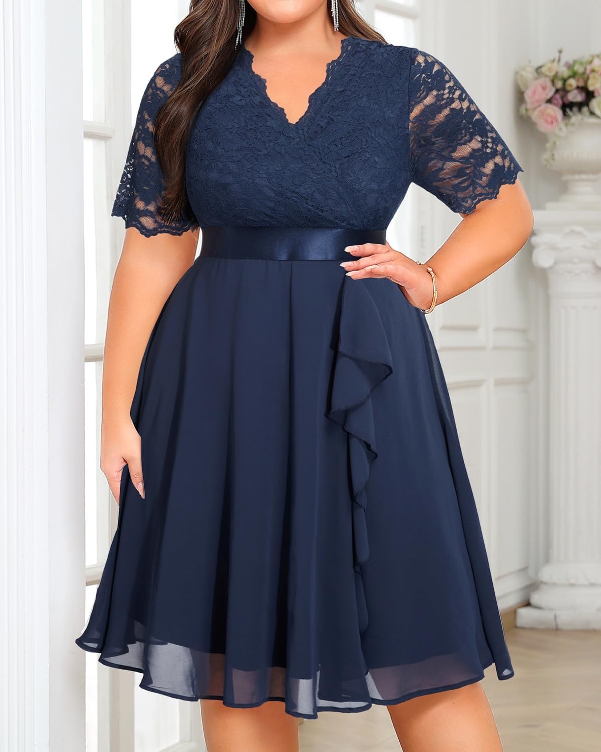 Talisea Plus Size Wedding Guest Dress – Formal Cocktail Party Ruffle Elegant Tea Length Lace Chiffon V Neck Midi Dresses(Navy Blue)