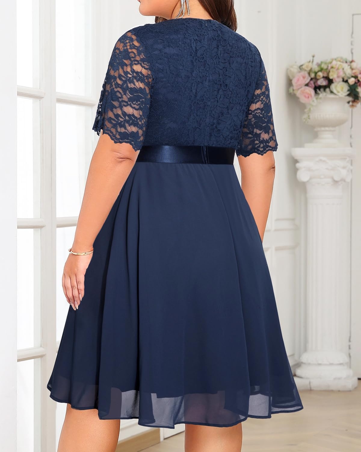 Talisea Plus Size Wedding Guest Dress – Formal Cocktail Party Ruffle Elegant Tea Length Lace Chiffon V Neck Midi Dresses(Navy Blue)