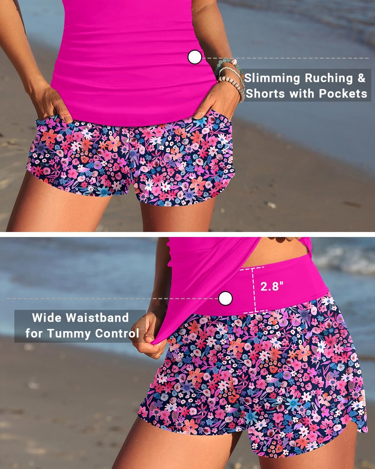 Tankini Bathing Suits with Skirt Two Piece Tummy Control Twist Swimsuits | Adjustable Straps,Slimming Ruching Design,Chic Twist Front and V-Neck,Built-In Safety Brief(Hot Pink Floral With Shorts)