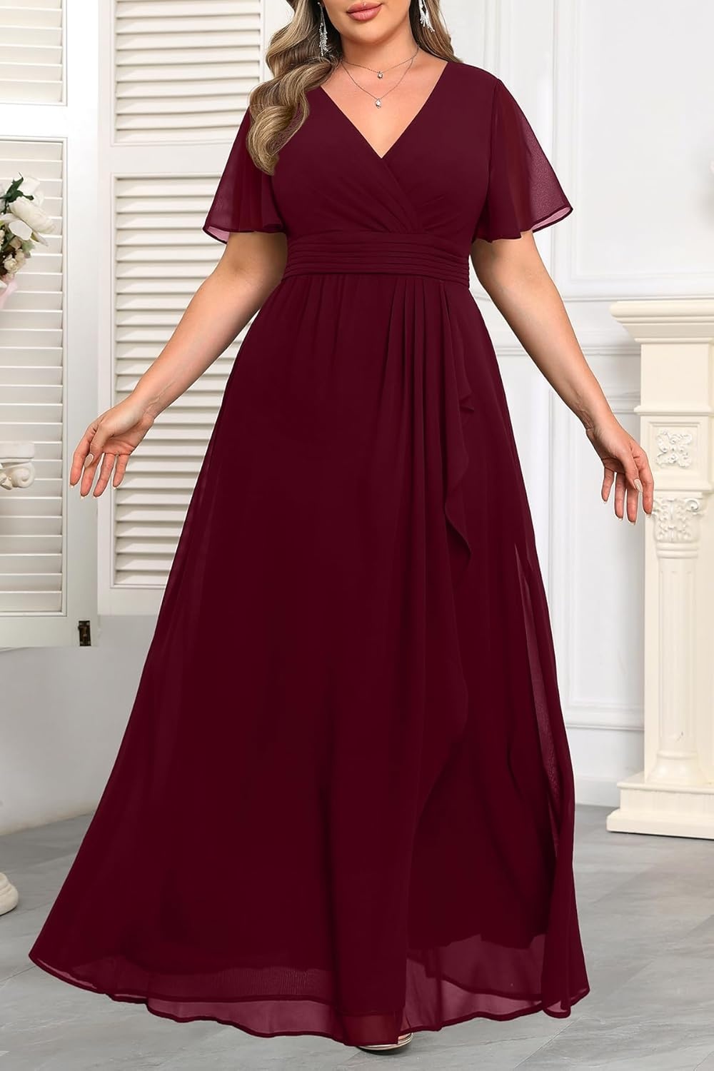 Talisea Plus Size Formal Dresses – Wedding Guest Bridesmaid Evening Prom Chiffon V Neck Ruffle Short Sleeves Long Dress Women(Burgundy)