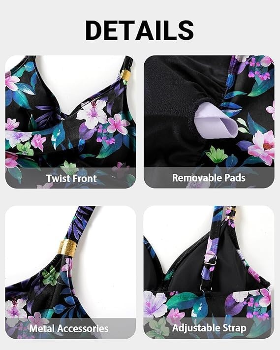 Womens Flowy Tankini Tops Only – Twist V Neck Swimsuit Bathing Suits | Flowy A-line top to comfortably hide the belly. Adjustable straps with elegant metal accents.(Black Floral)