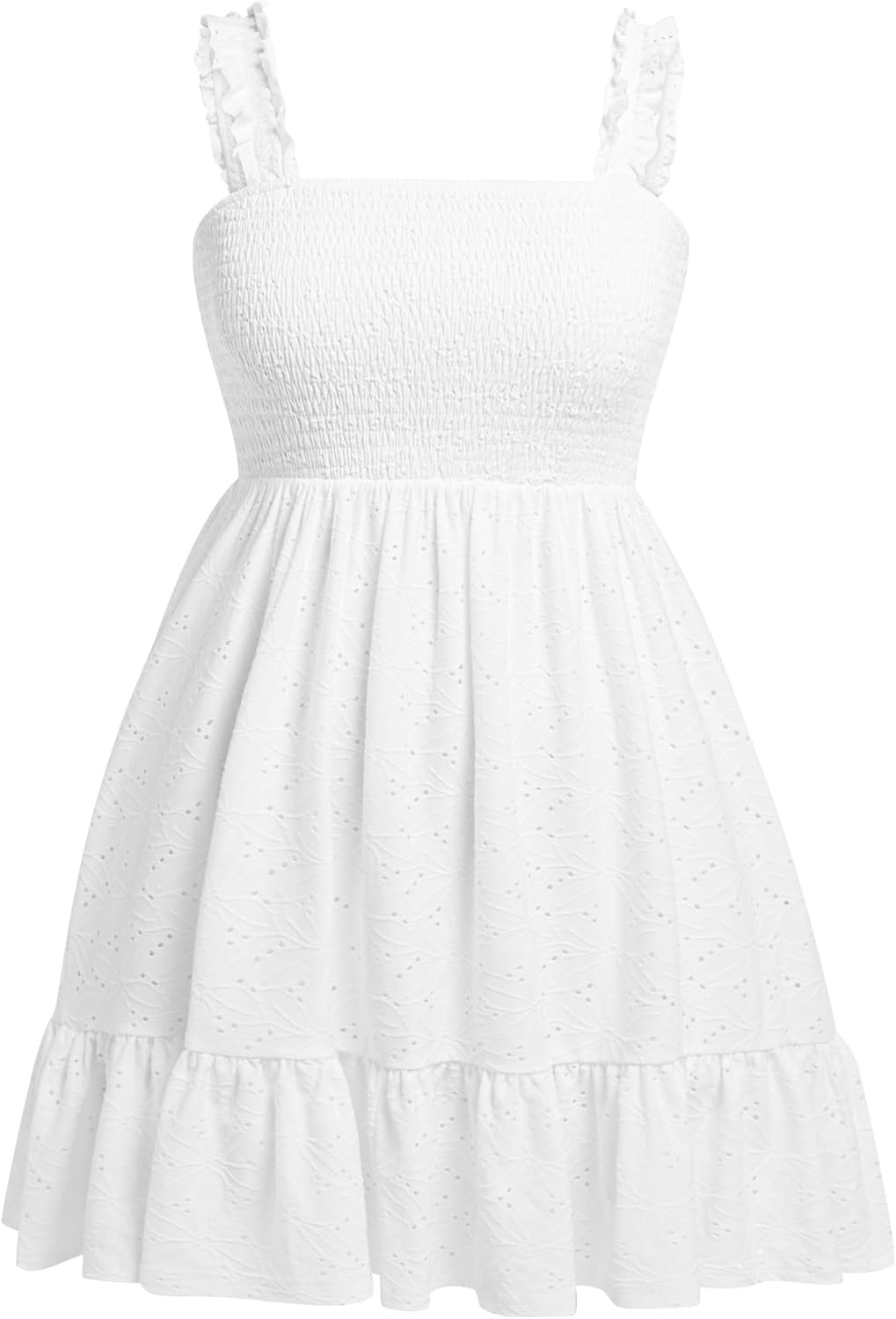 Talisea Women’s Plus Size Summer Dresses – Casual Eyelet Square Neck Sleeveless Smocked Ruffle A-Line Cute Short Sundress(White)