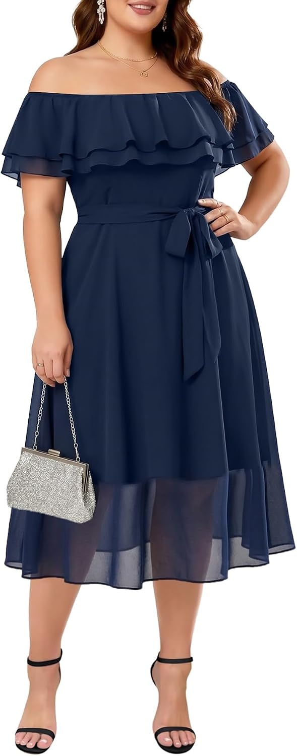 Plus Size Dresses Wedding Guest Off the Shoulder Chiffon A-Line Midi Dress | Plus Size Cocktail Wedding Guest Dresses Women Chiffon Off the Shoulder Midi Dress Elegant Semi Formal A-Line Dress with Belt(Navy Blue)