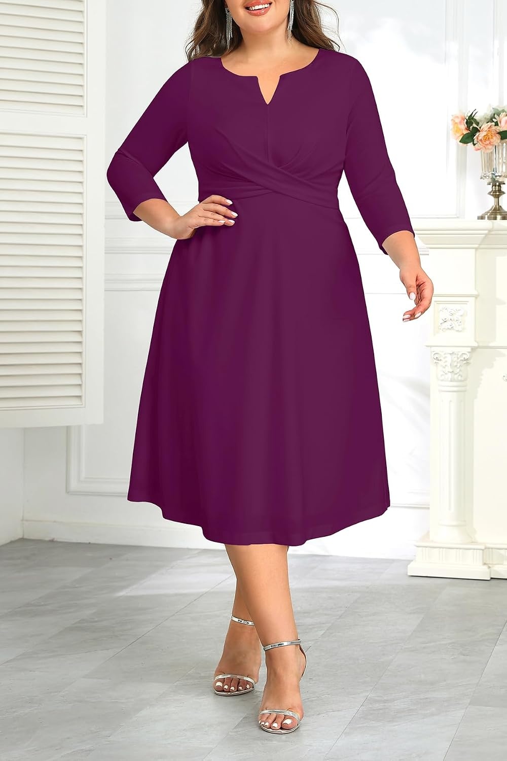 Plus Size Wedding Guest Dress Fall Semi Formal 3/4 Sleeve A-line Midi Dress | Plus Size Cocktail Wedding Guest Dress Fall 3/4 Sleeve A-Line Midi Dresses Curvy Women Modest Semi Formal Church Dress(Purple)
