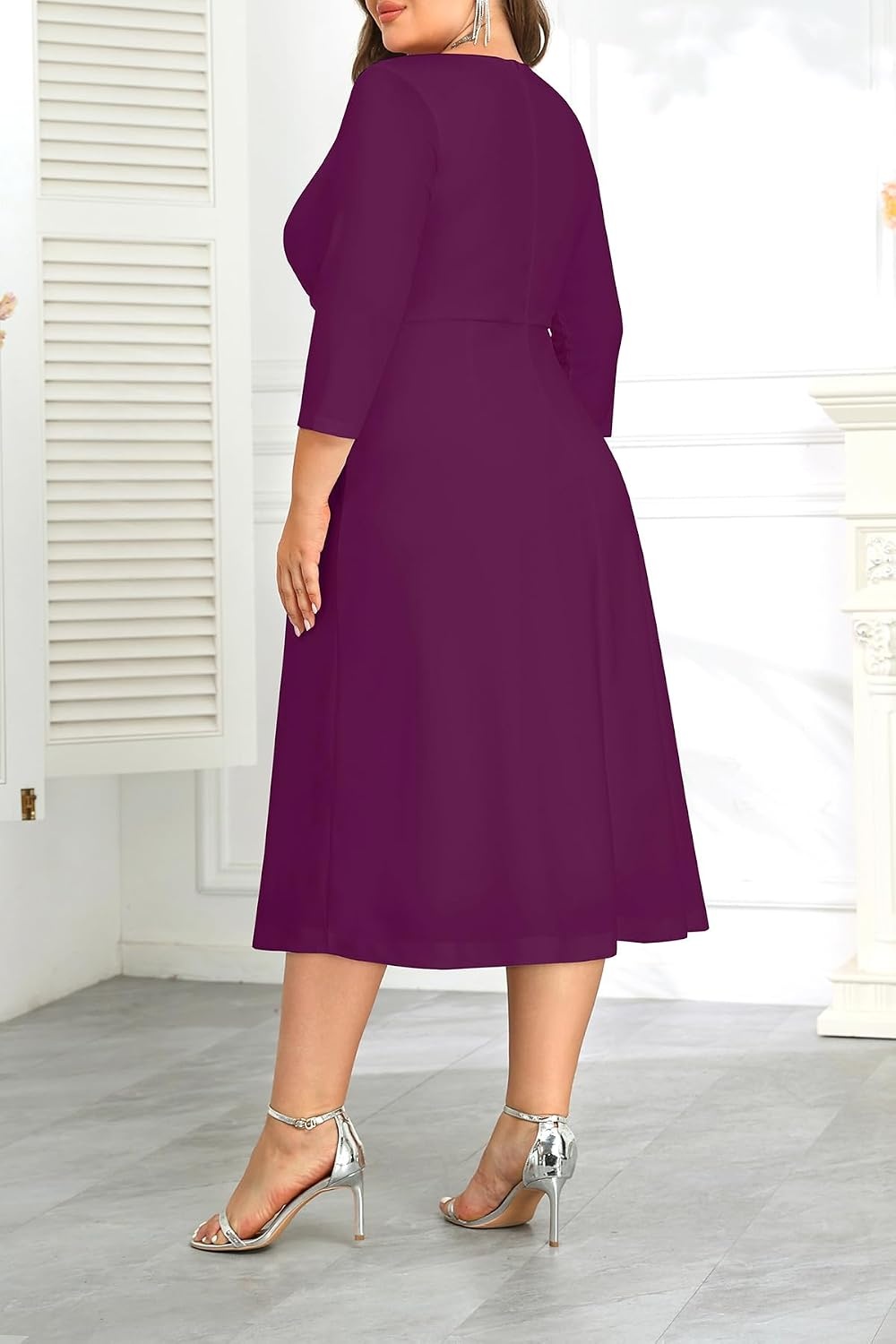 Plus Size Wedding Guest Dress Fall Semi Formal 3/4 Sleeve A-line Midi Dress | Plus Size Cocktail Wedding Guest Dress Fall 3/4 Sleeve A-Line Midi Dresses Curvy Women Modest Semi Formal Church Dress(Purple)