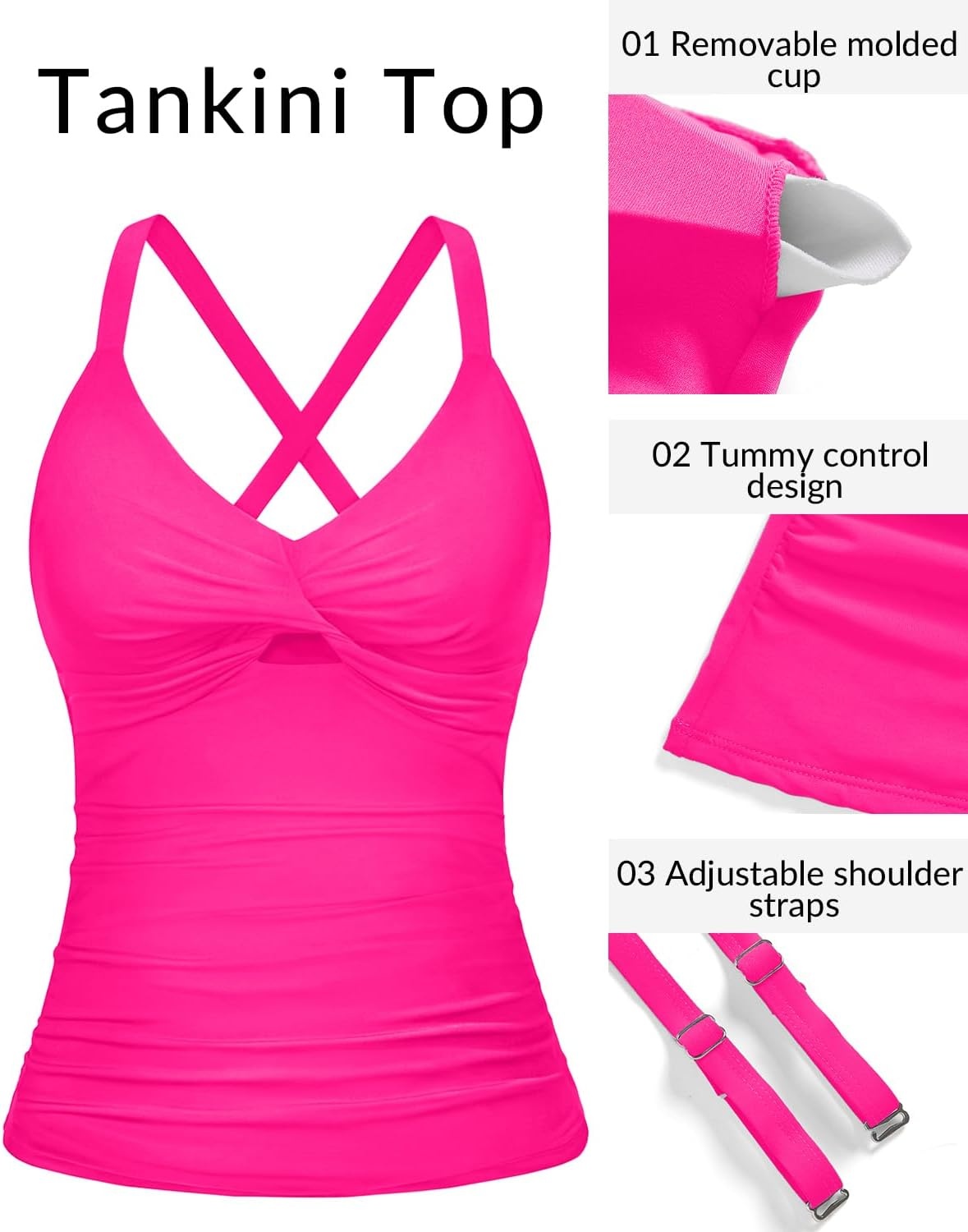 Women Tankini Swimsuit Tops Only – Tummy Control Bathing Suit Top 2025 Modest V Neck Twist Front Cutout Swim Top No Bottom(Hot Pink)