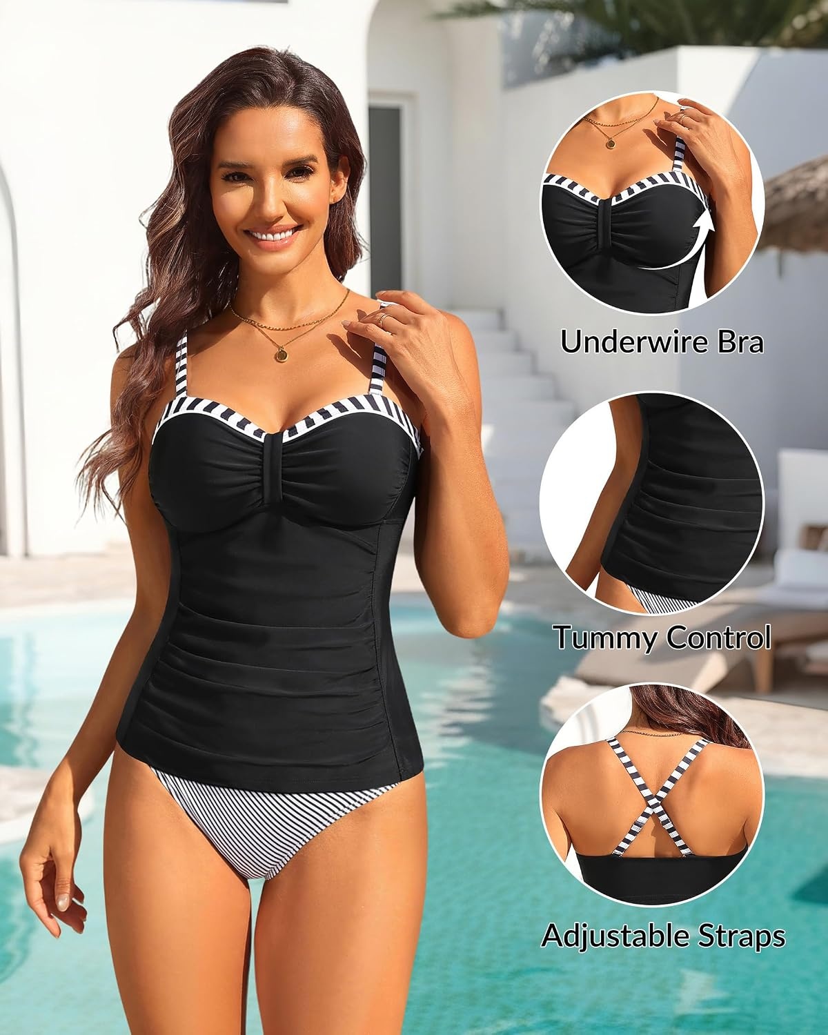 Women’s Underwire Tummy Control Swimsuit Top Push Up Bathing Suit Top(Black White Stripes)