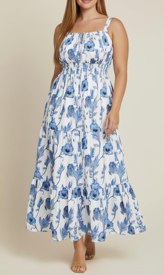 Plus Size Summer Dresses – Boho Maxi Sundress with Pockets Spaghetti Strap Long Casual Sun Dress for Vacation and Beach(Blue Floral)
