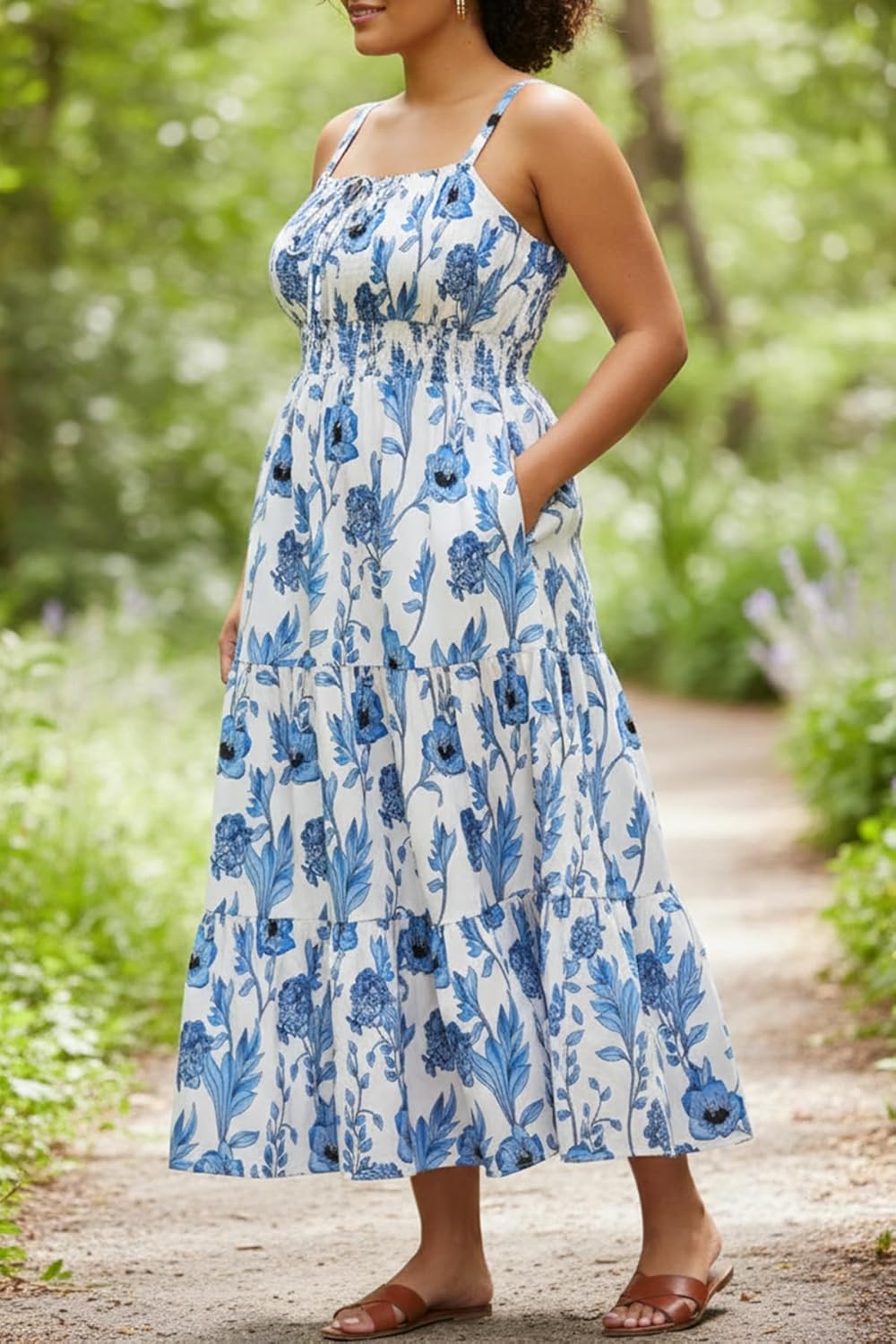 Plus Size Summer Dresses – Boho Maxi Sundress with Pockets Spaghetti Strap Long Casual Sun Dress for Vacation and Beach(Blue Floral)