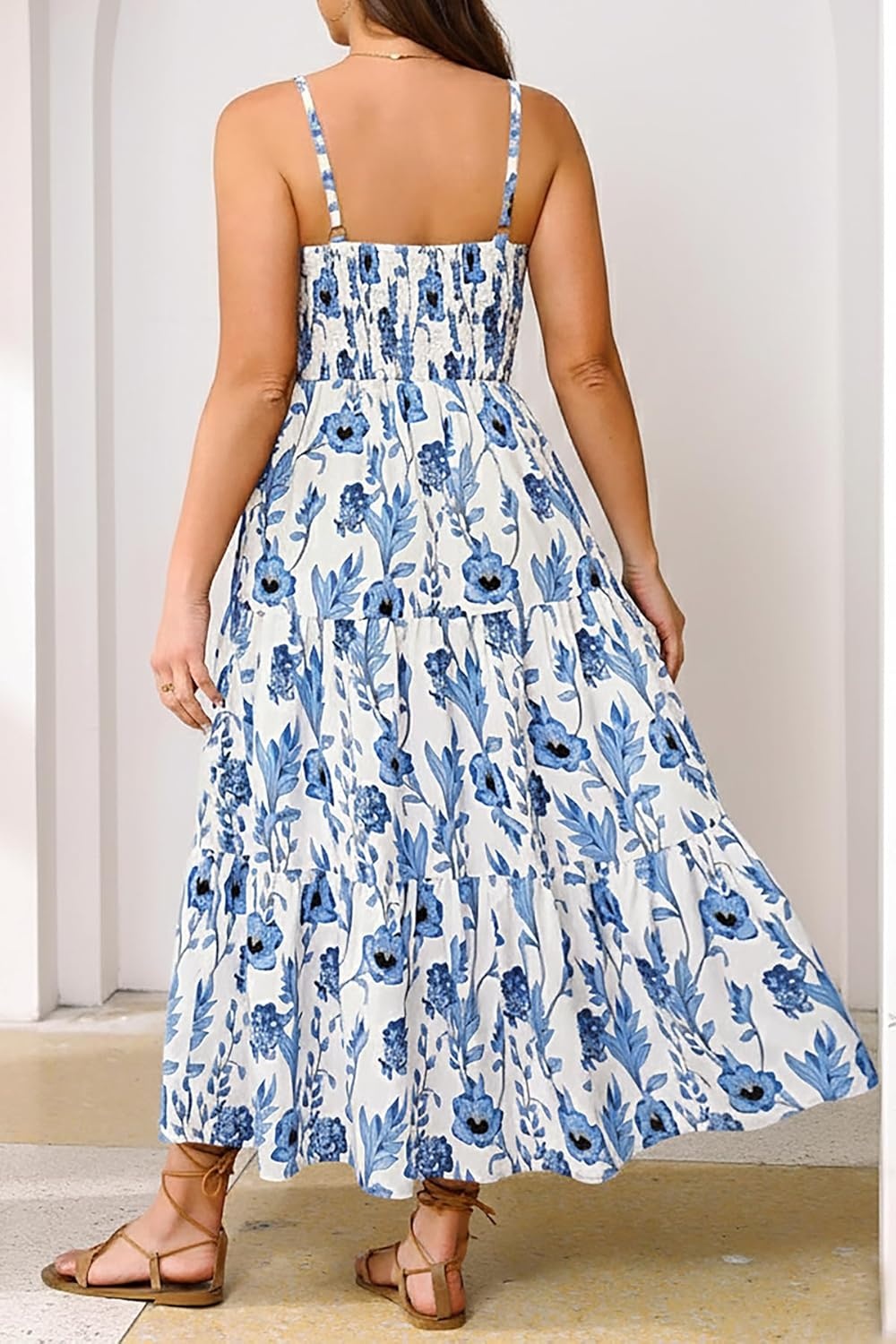 Plus Size Summer Dresses – Boho Maxi Sundress with Pockets Spaghetti Strap Long Casual Sun Dress for Vacation and Beach(Blue Floral)