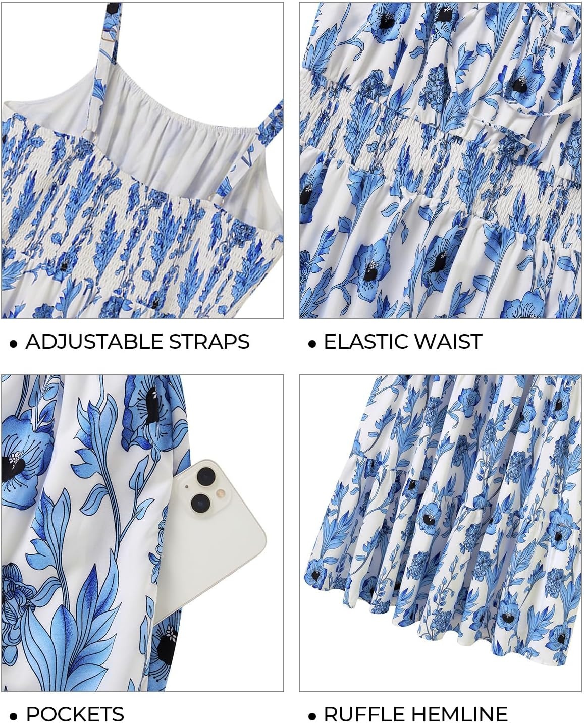 Plus Size Summer Dresses – Boho Maxi Sundress with Pockets Spaghetti Strap Long Casual Sun Dress for Vacation and Beach(Blue Floral)