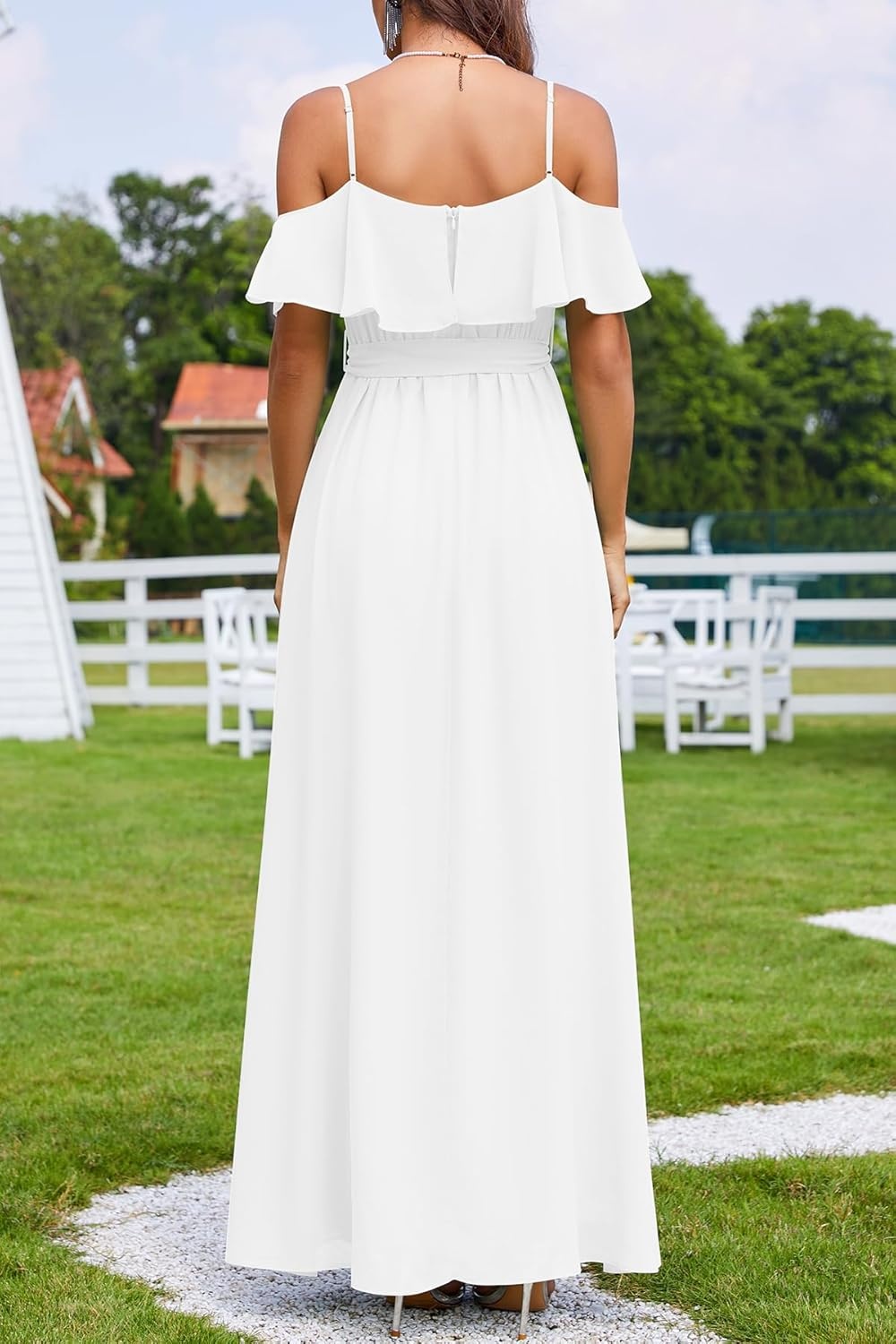 White Dress Wedding Bride Prom Bridal Shower Formal Off the Shoulder Chiffon Flowy Split A-Line Long Dresses Women