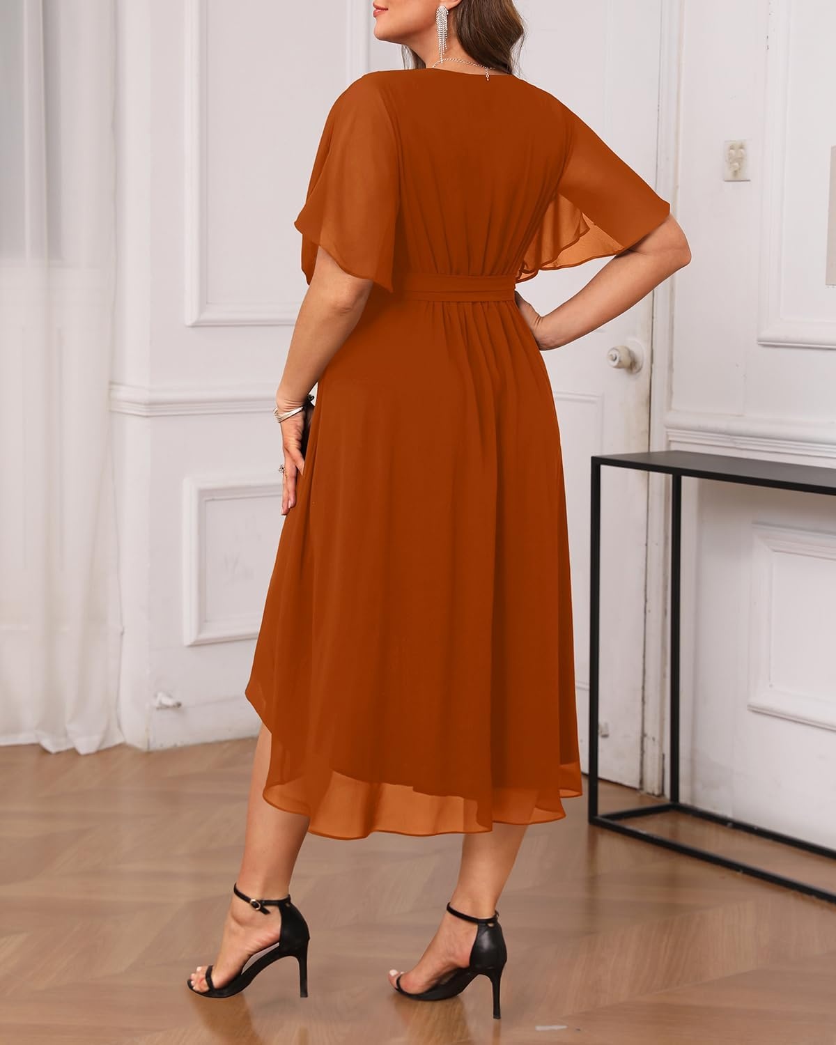 Plus Size Dresses Wedding Guest Formal Chiffon Short Sleeve High Low Dress(Burnt Orange)
