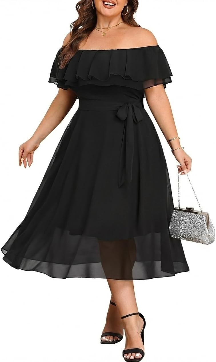 Talisea Plus Size Dresses Wedding Guest – Formal Ruffle Off The Shoulder Cocktail Chiffon A-Line Midi Dress Curvy Women(Black)